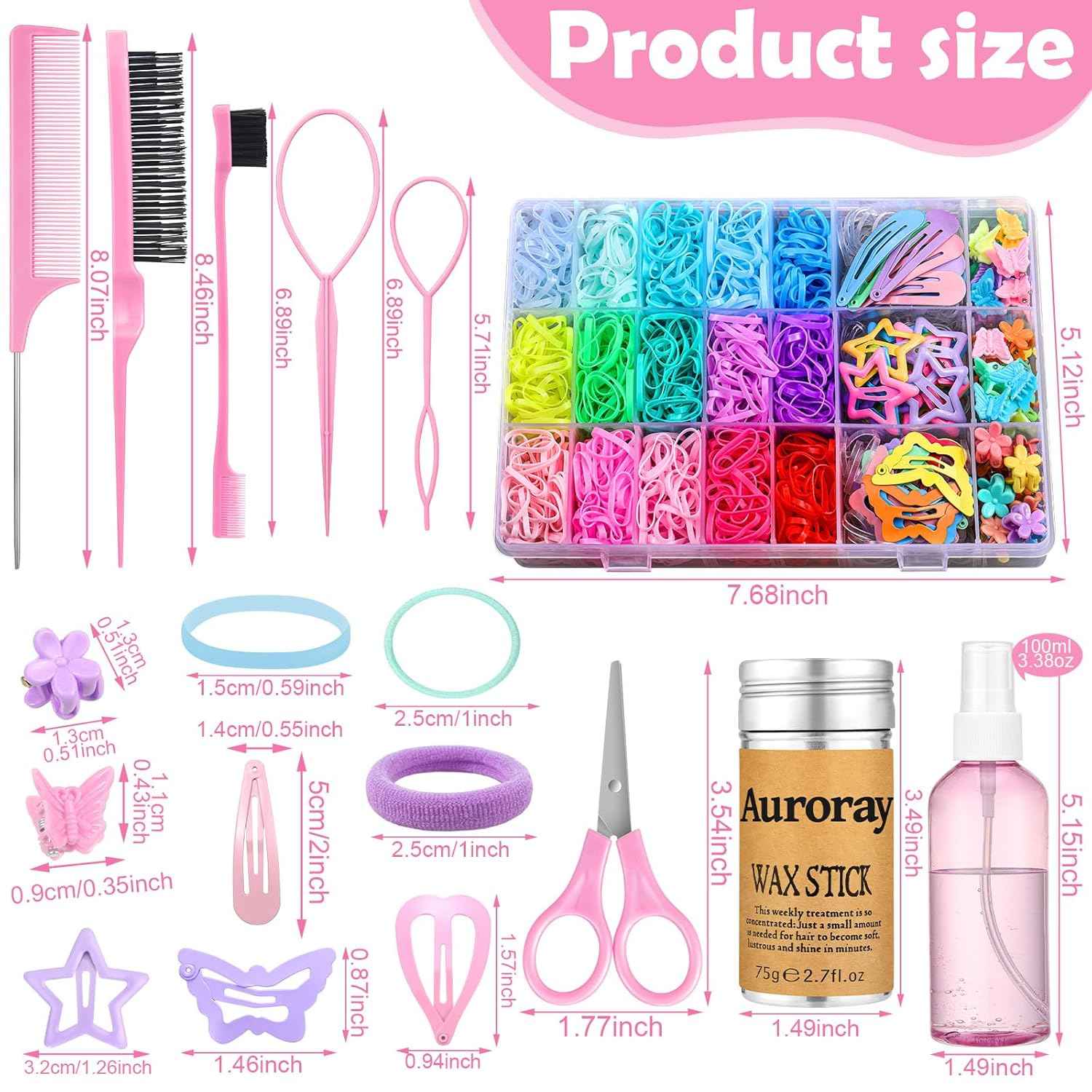 Hair Accessories for Girls, 1700 Pcs Colorful Hair Rubber Bands Elastic Hair Ties Hair Clips Hair Wax Stick Spray Bottle Hair Styling Tools with Organizer Box