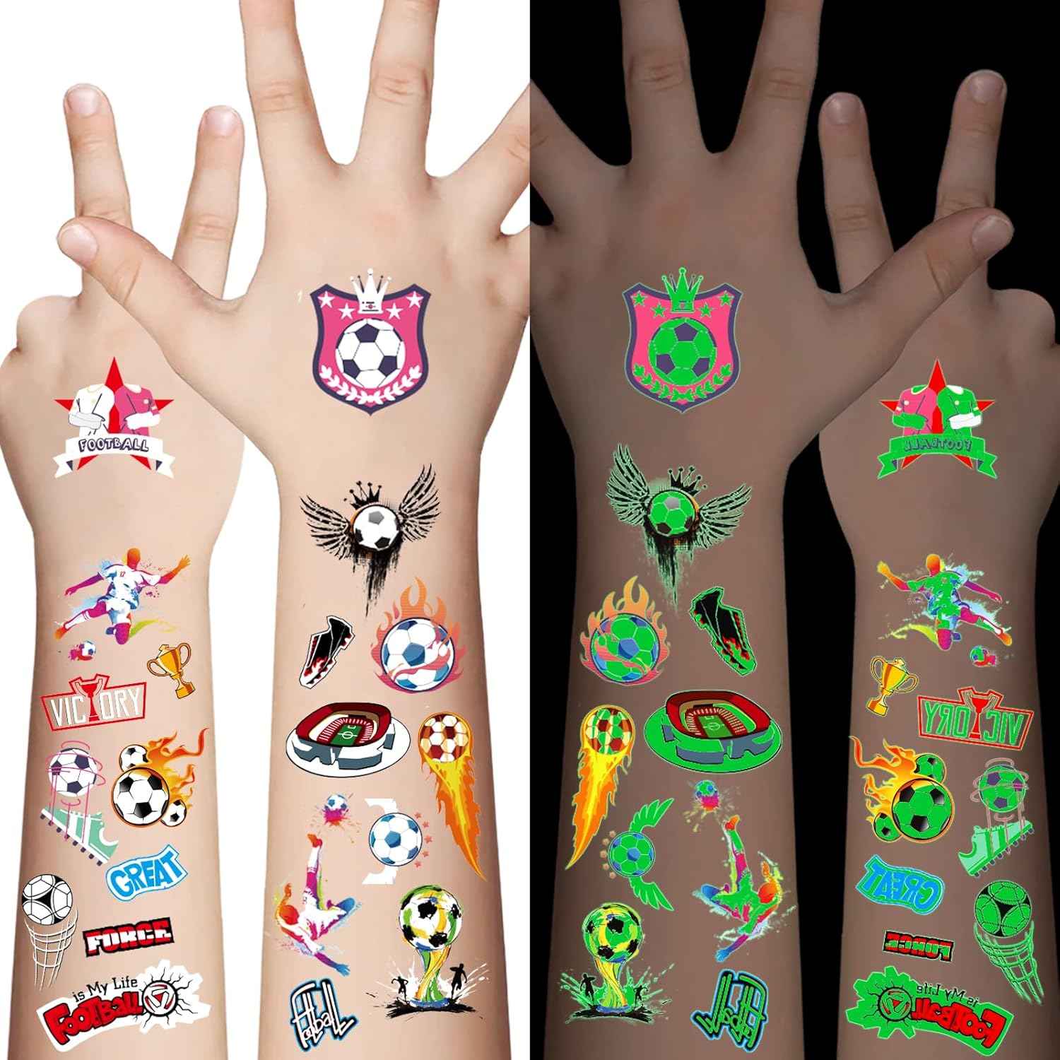 Glow in the Dark Soccer Temporary Tattoos for Kids, 60Pcs Sport Party Favors for Boys and Girls, Goodie Bag Stuffers, Sports Fan Makeup for Game Day & Soccer Birthday Party Decorations