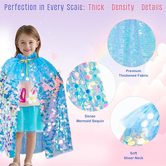 Meland Princess Dress Up for Girls 3-8, Mermaid Cape with Crown, Dress Up Clothes Birthday Gift Toys for Girls Toddlers