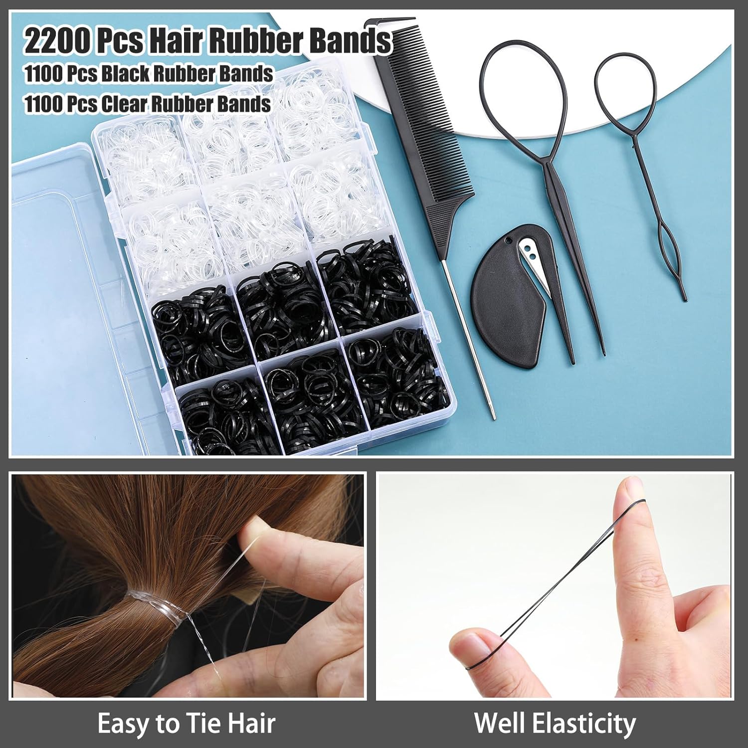 2200 Pcs Elastic Hair Ties, Mini Rubber Bands with Hair Tail Tools and Comb, Hair Accessories for Women, Girls, Toddlers, Babies
