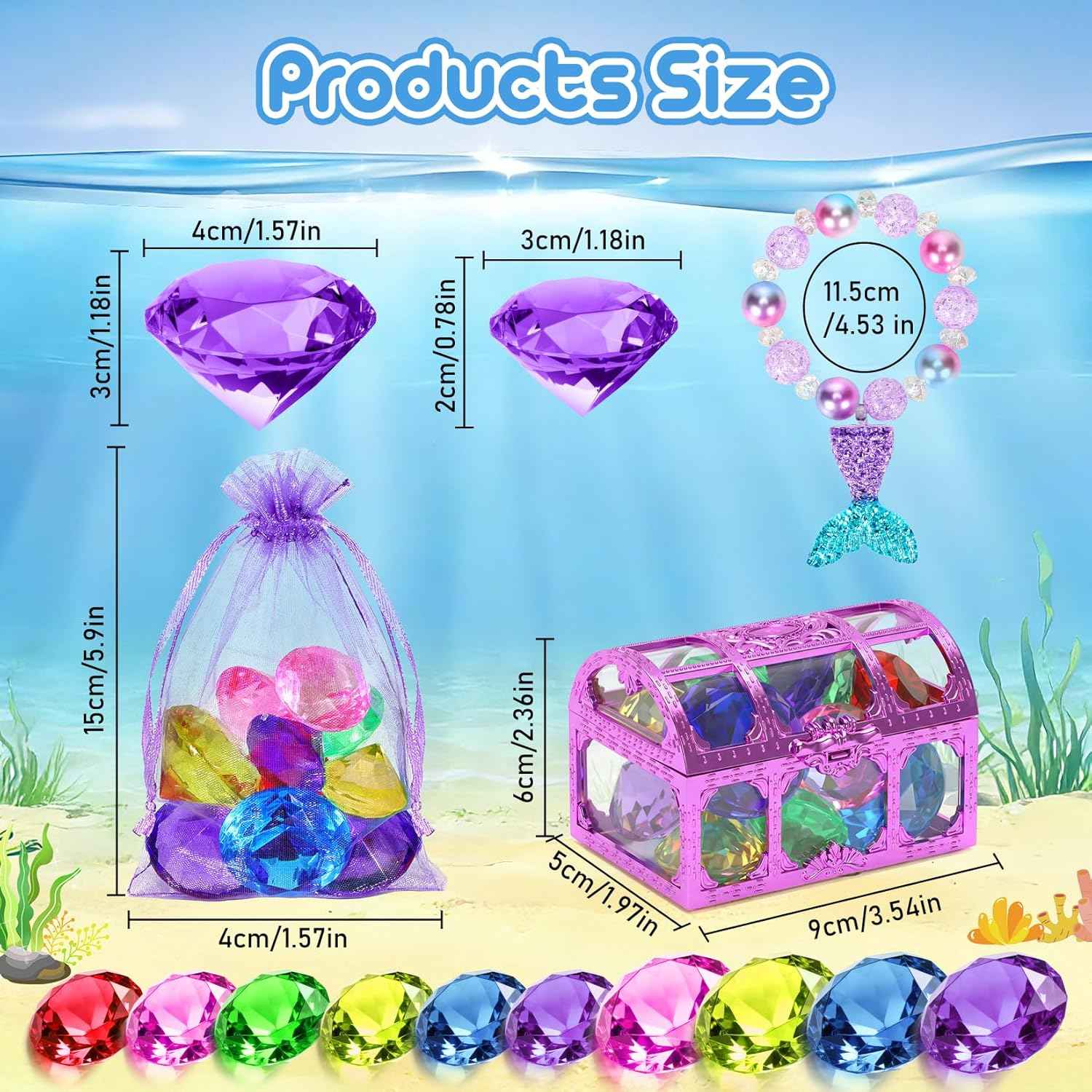 VGOFUN Diving Gems Pool Toys,10 Pcs Colorful Diamond with Treasure Chest Pirate Box Kids Swim Toys Acrylic Underwater Gemstone for Boys Girls Bath Toys Swimming Training Gift Water Pool Games