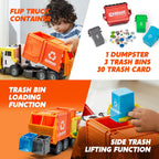 JOYIN Large Friction Powered Garbage Truck Toy Set, Includes Dumpster, Trash Bins, and Learning Cards for Kids