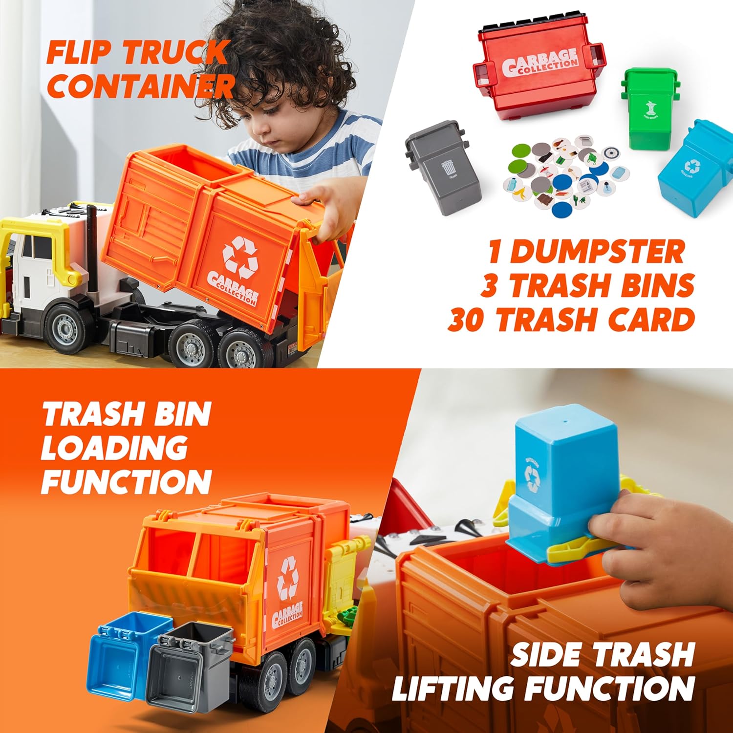 JOYIN Large Friction Powered Garbage Truck Toy Set, Includes Dumpster, Trash Bins, and Learning Cards for Kids