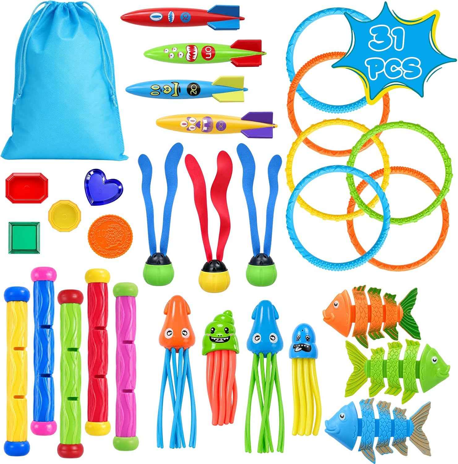 Click to see full view 31Pcs Swim Dive Toys Pool Games Outdoor Water Essential Bath Accessories for Kid Toddler Baby Toy Age 3 4 5 6 7 8 9 10 11 12 Year Old Cool Girl Boy Stuff Fun Summer Gift