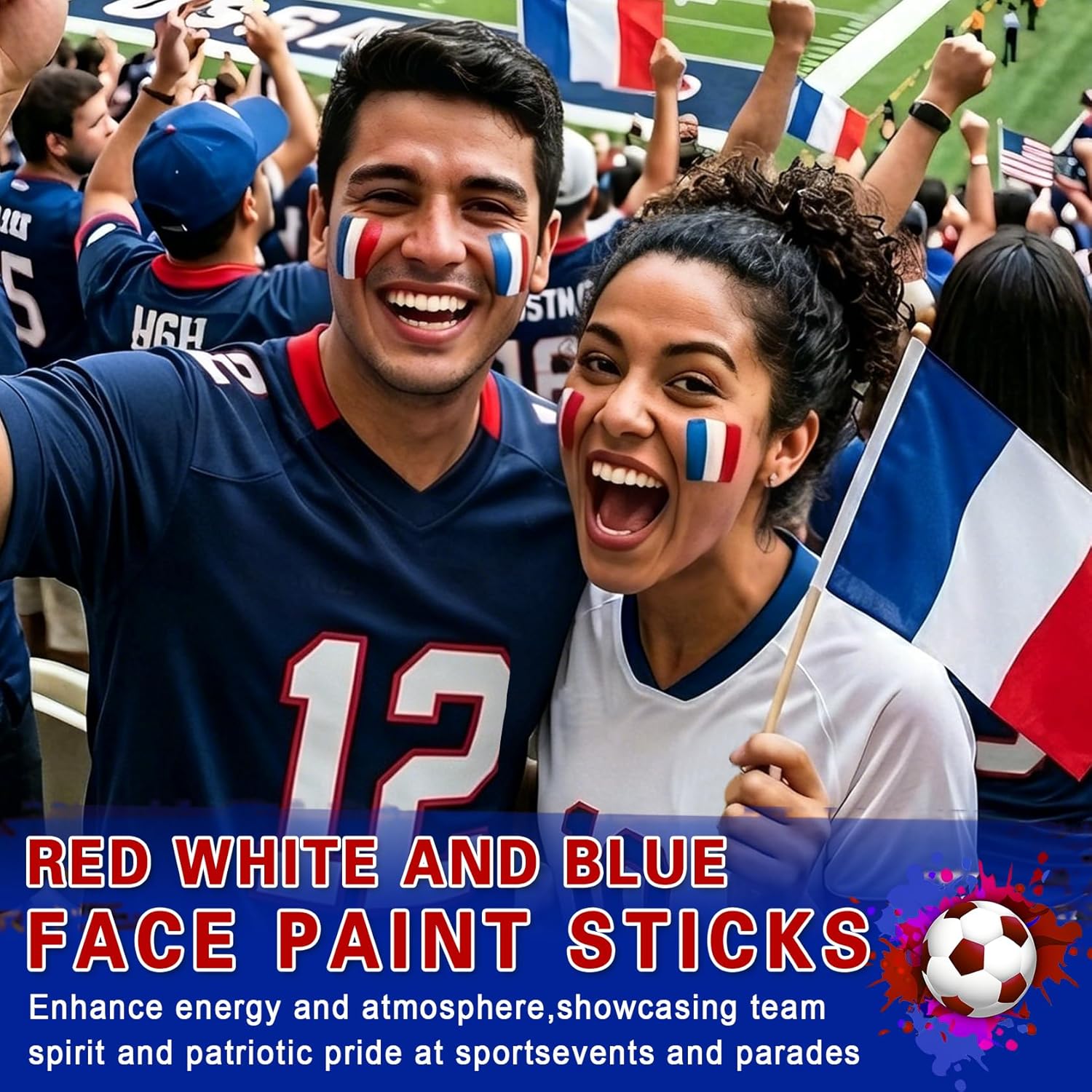 3 in 1 Colors Face Body Paint Sticks for Soccer,Football,Softball,Baseball,High Pigment & Waterproof Eye Black Stick Makeup