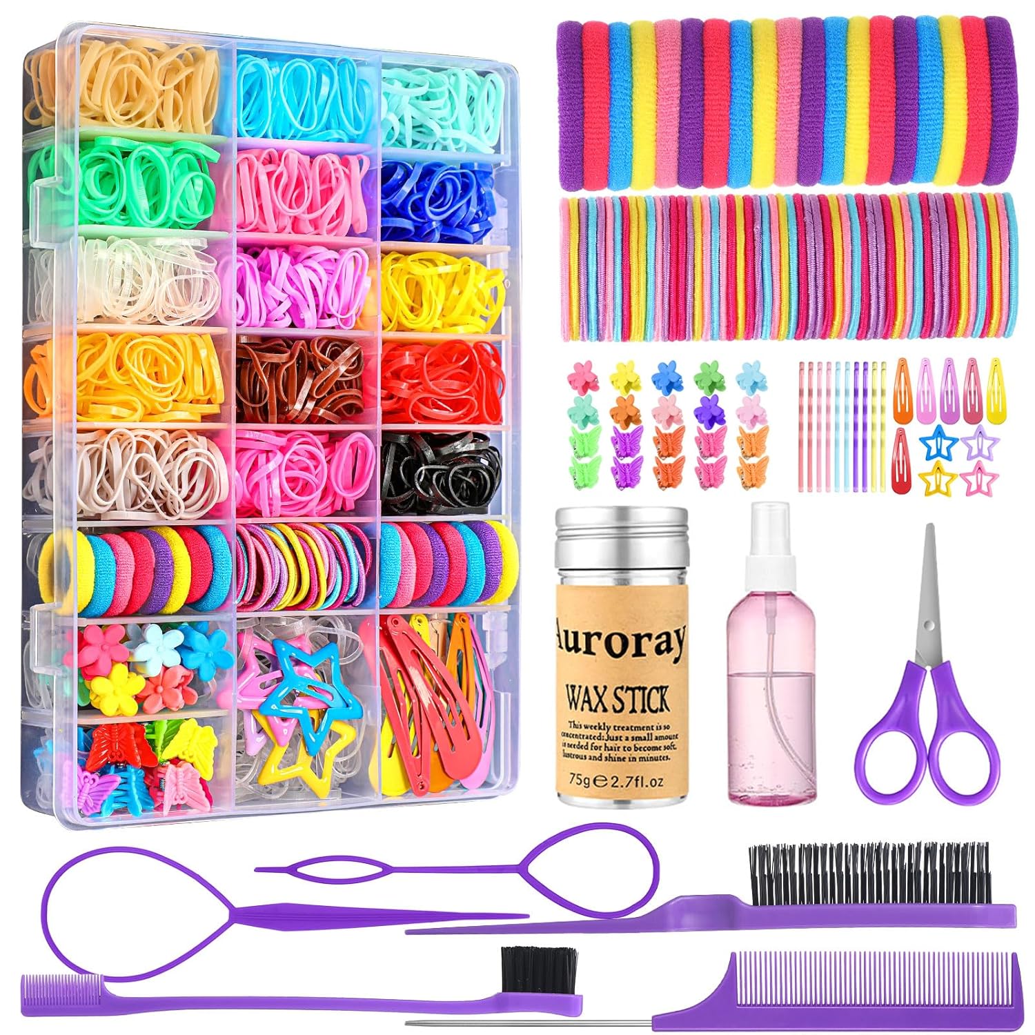 Hair Accessories for Girls, 1700 Pcs Colorful Hair Rubber Bands Elastic Hair Ties Hair Clips Hair Wax Stick Spray Bottle Hair Styling Tools with Organizer Box