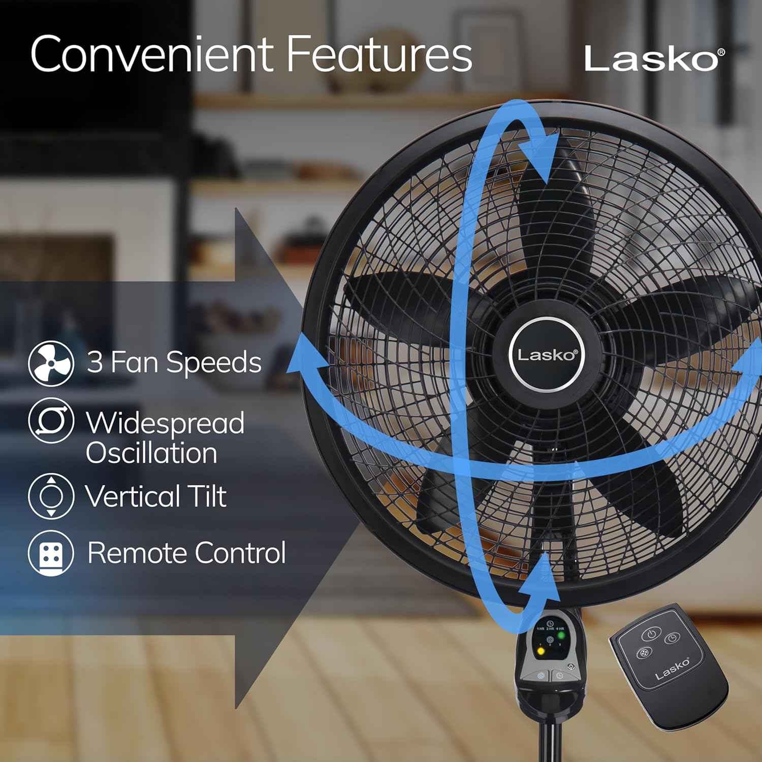 Lasko Oscillating Cyclone Pedestal Fan with Remote Control - Cooling Standing Fan for Bedroom, Living Room, and Home Office - Adjustable Height - 3 Quiet Speeds - 1843 - 18" Blade Diameter - Black