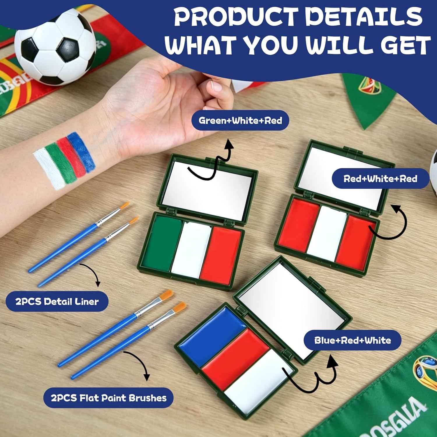 Green Blue White Red Face Painting Kit, 3PCS Patriotic America Mexico Flag 3 Colors Painting with 4PCS Brushes, Soccer Flag Eye Face Body Paint for Sports National Events Soccer Game Makeup Supplies