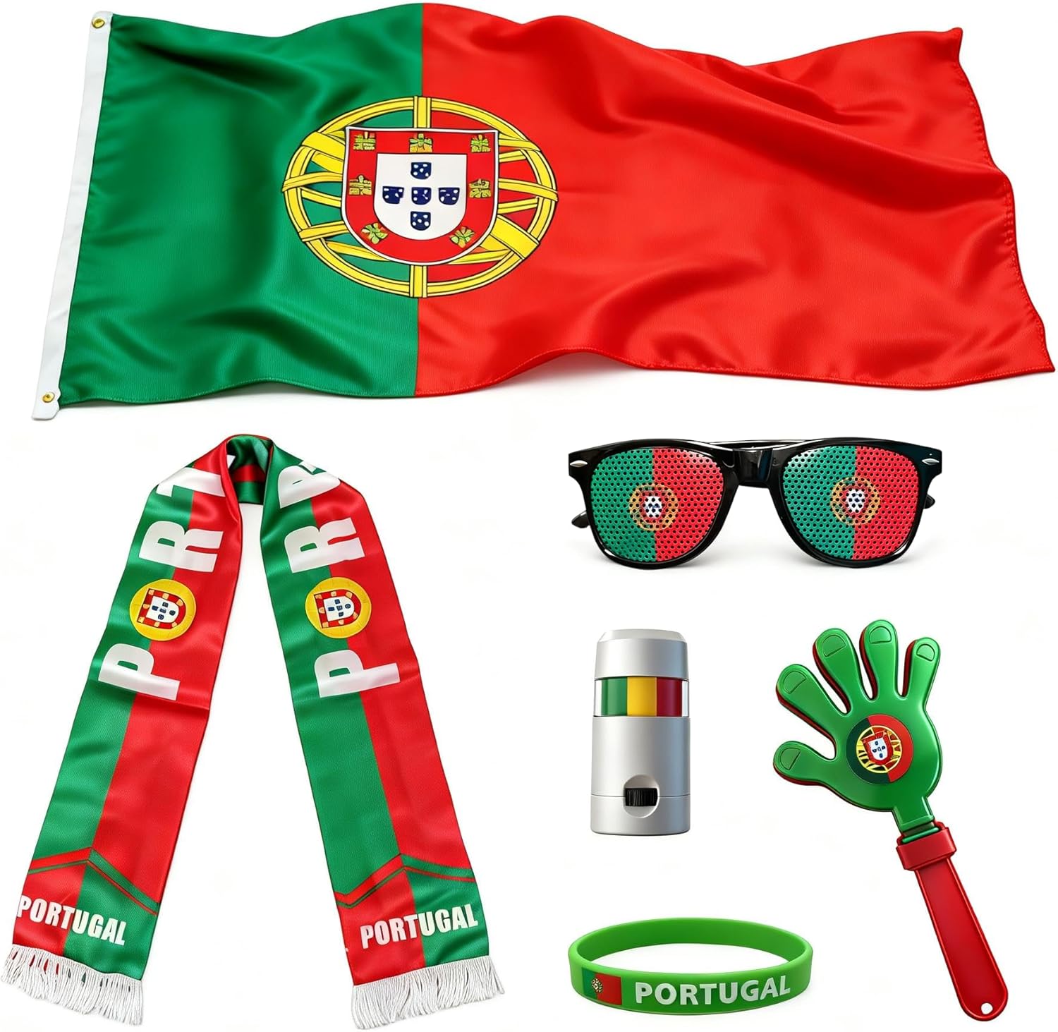 6 Pcs Cheering Set for Game Day Watch Party – Flag, Fan Scarf, Wristband, Flag Glasses, Hand Clapper, Blendable Face Paint Sticks