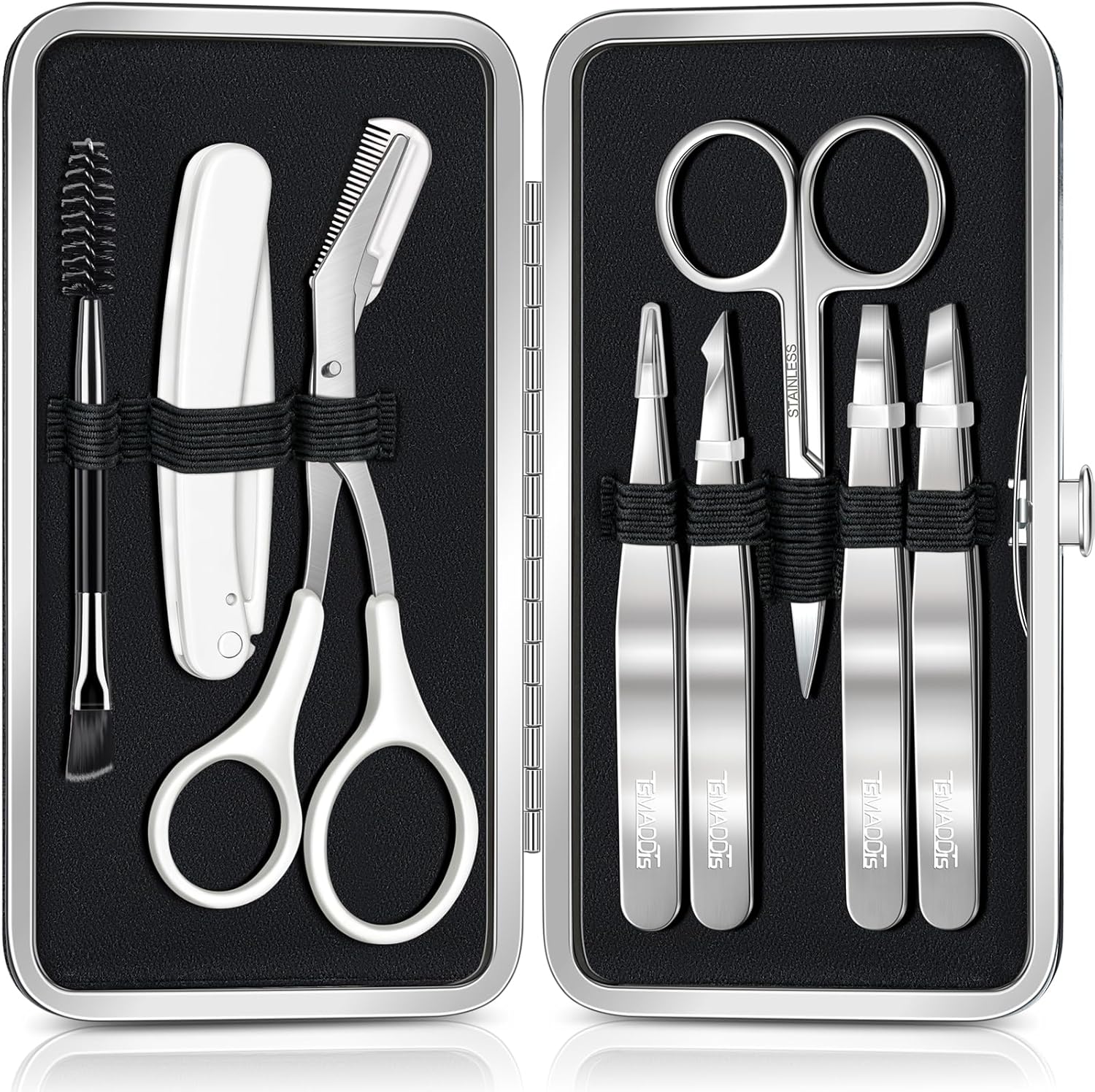 TsMADDTs Tweezers for Women Facial Hair, 8 in 1 Eyebrow Kit with Tweezers, Eyebrow Trimmer Scissors, Razor, Brush with Travel Bag, Hair Plucking Daily Beauty Tools