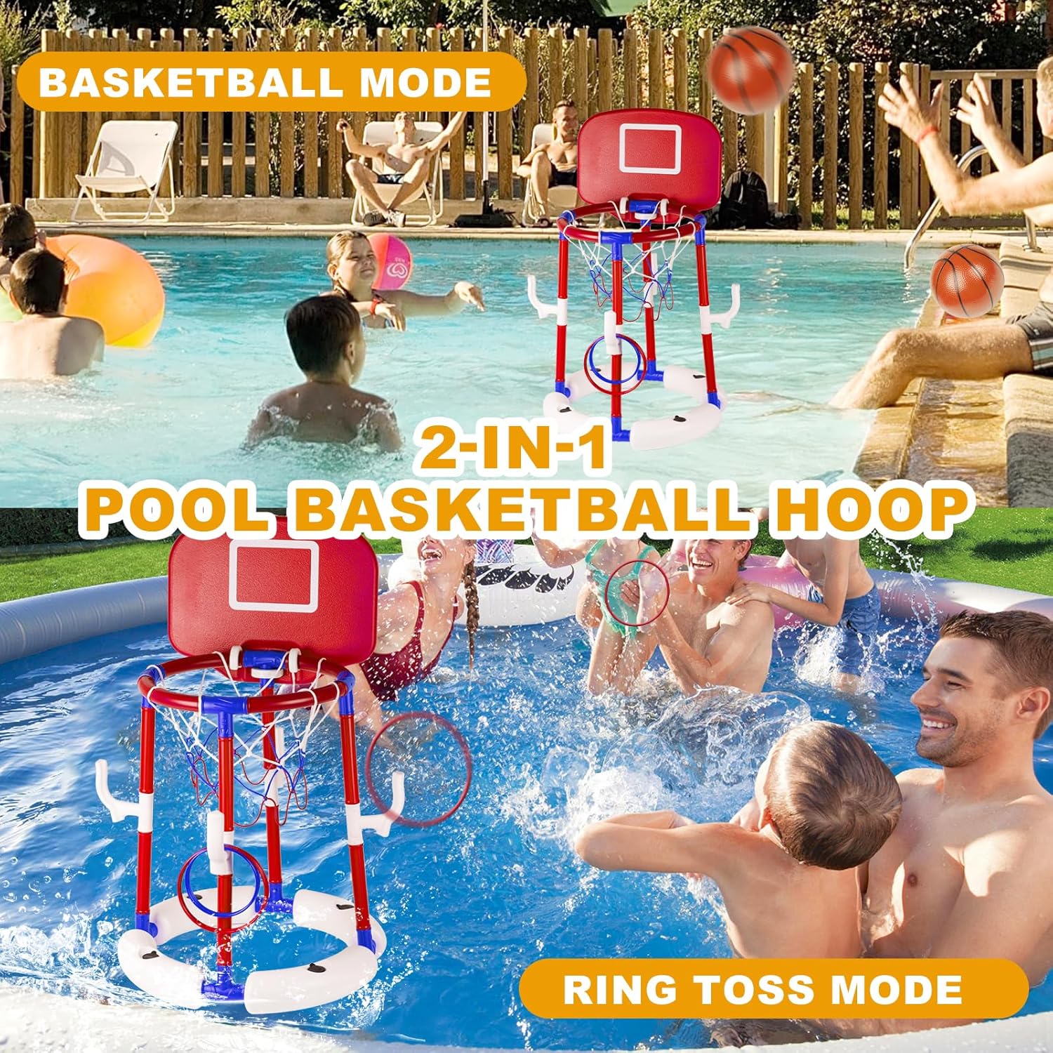 2-in-1 Poor Toy Basketball & Ring Toss Game with 4 Balls, 6 Rings&Pump, Summer Pool Toys Outdoor Water Fun Family Party for Age 3-12