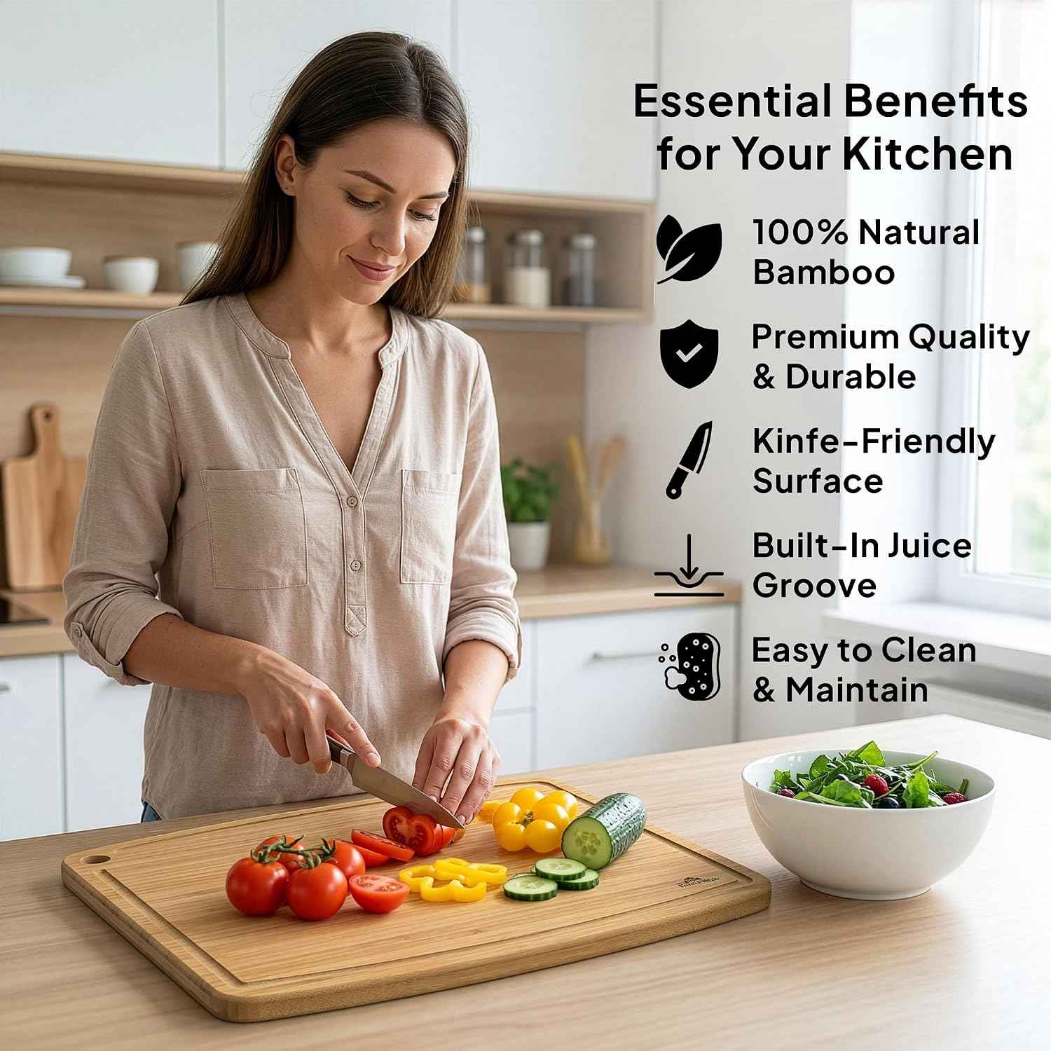 Large Bamboo Cutting Board, Reversible Wood Cutting Board with Juice Groove, Lightweight & Easy to Clean, Eco-Friendly Kitchen Prep Board for Fruits & Vegetables