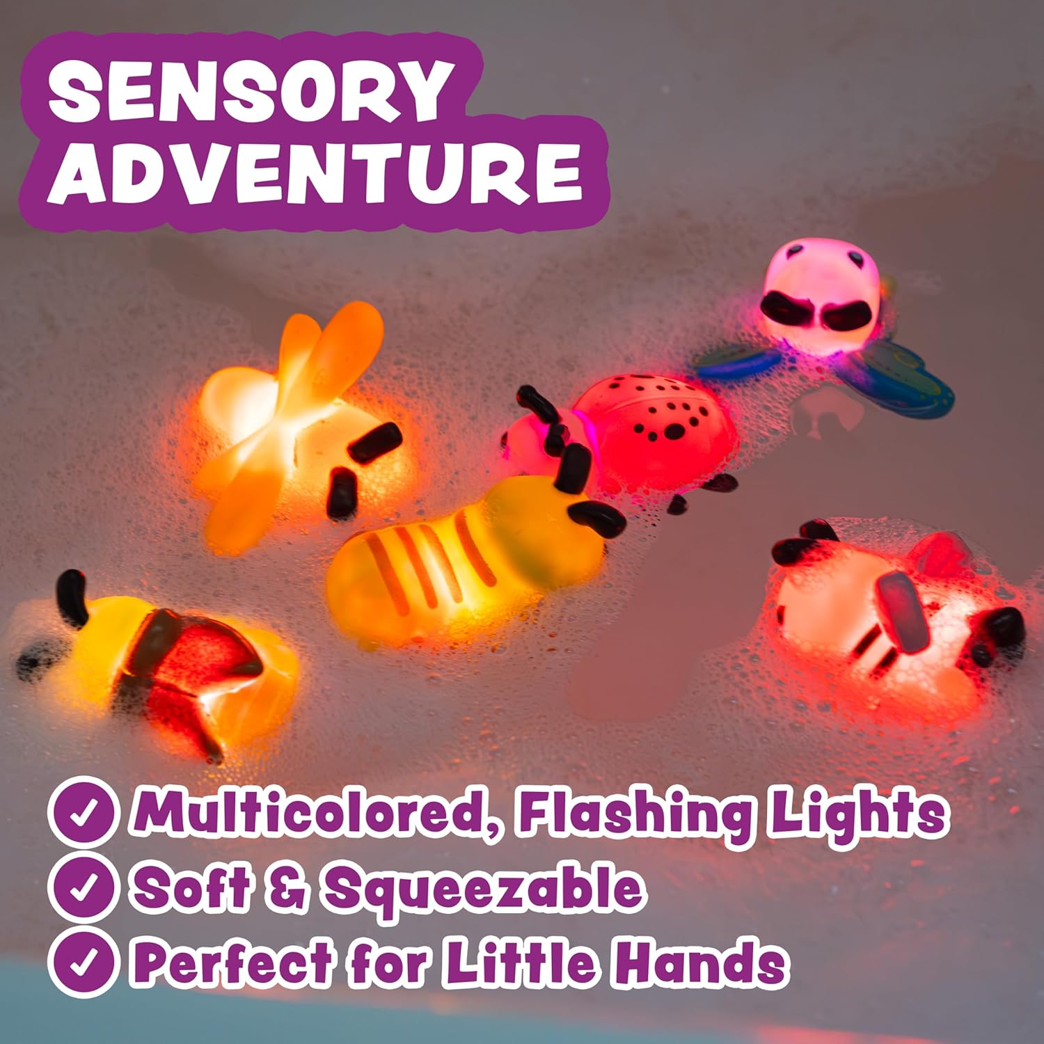 Tub Works® Bugs™ Light Up Bath Toys, 6 Pack | Water-Activated Light Up Toys Flash & Change Color | Easy-Grip Baby Girl & Toddler Bath Toys | Sensory Bathtub Toys with Bath Lights
