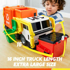 JOYIN Large Friction Powered Garbage Truck Toy Set, Includes Dumpster, Trash Bins, and Learning Cards for Kids