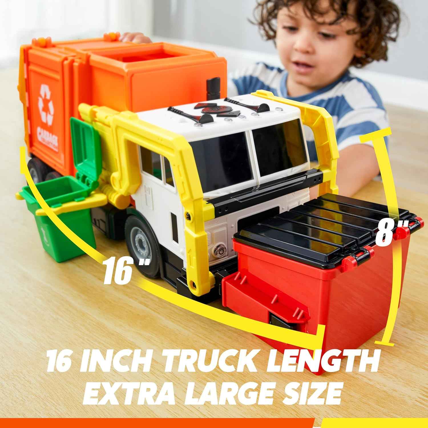 JOYIN Large Friction Powered Garbage Truck Toy Set, Includes Dumpster, Trash Bins, and Learning Cards for Kids