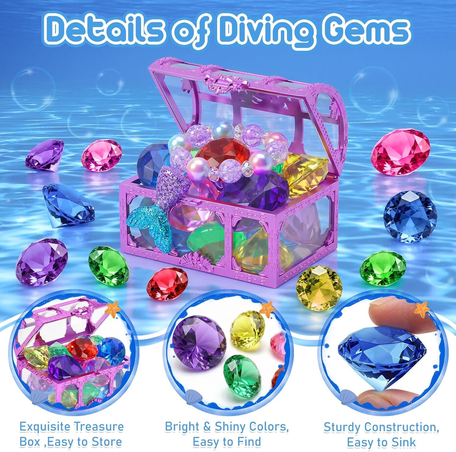 VGOFUN Diving Gems Pool Toys,10 Pcs Colorful Diamond with Treasure Chest Pirate Box Kids Swim Toys Acrylic Underwater Gemstone for Boys Girls Bath Toys Swimming Training Gift Water Pool Games