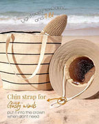 Summer Straw Beach Sun Hats for Women Wide Brim Packable Bucket Hat | Breathable Hand-Woven Paper Straw & Linen, Wide Brim, Adjustable Chin Strap for Beach, Walks, Vacations & Effortless Style