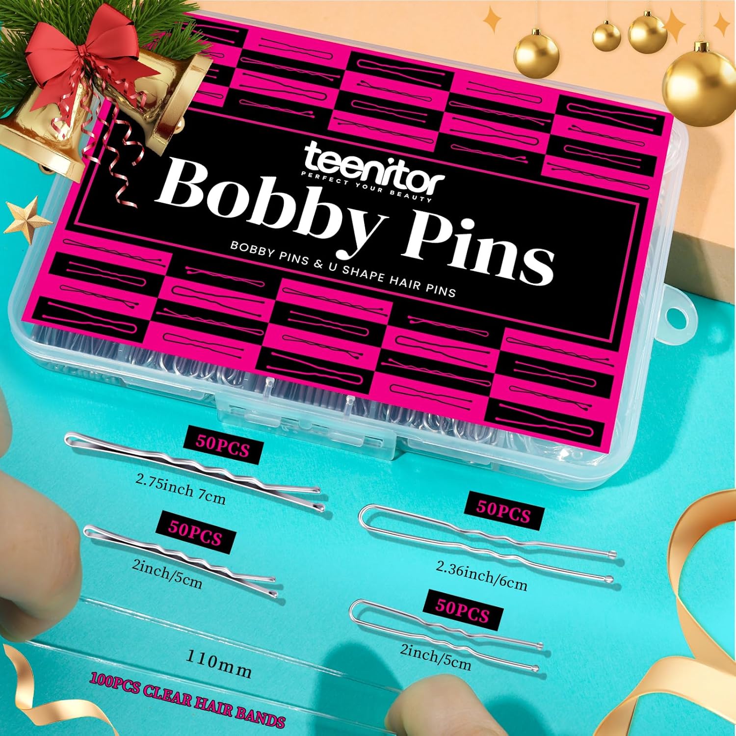 Teenitor 300pcs Bobby Pins Hair Pins Kit, 100pcs Bobby Pins 100 Hair Pins for Women for Buns, 100pcs Hair Bands, 2" 2.36", Bobb y Pins for Gray Hair 2" 2.75"