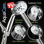 Hotel Spa AquaCare High Pressure 8-mode Handheld Shower Head, Anti-clog Nozzles - Built-in Power Wash to Clean Tub, Tile & Pets, Extra Long 6 ft. Stainless Steel Hose, Wall & Overhead Brackets