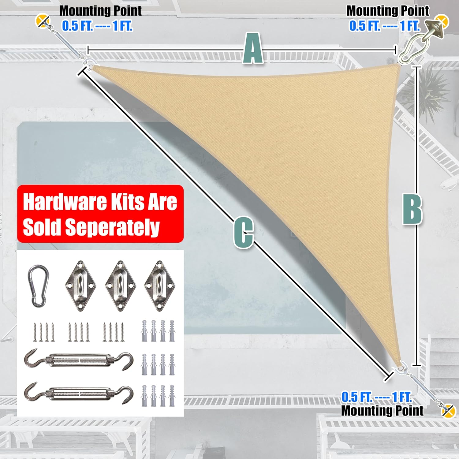 Amgo 16' x 16' x 22.6' Beige Right Triangle Sun Shade Sail UPF50+ Canopy Awning AGSLT, 95% UV Blockage, Water & Air Permeable, 200GSM Heavy Duty Commercial and Residential