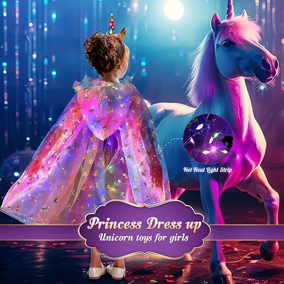 Fedio Princess Dress up for Girls,Unicorn Light up Princess Cape Set,Light up Princess Dress with Unicorn Toys for Girls 3-8