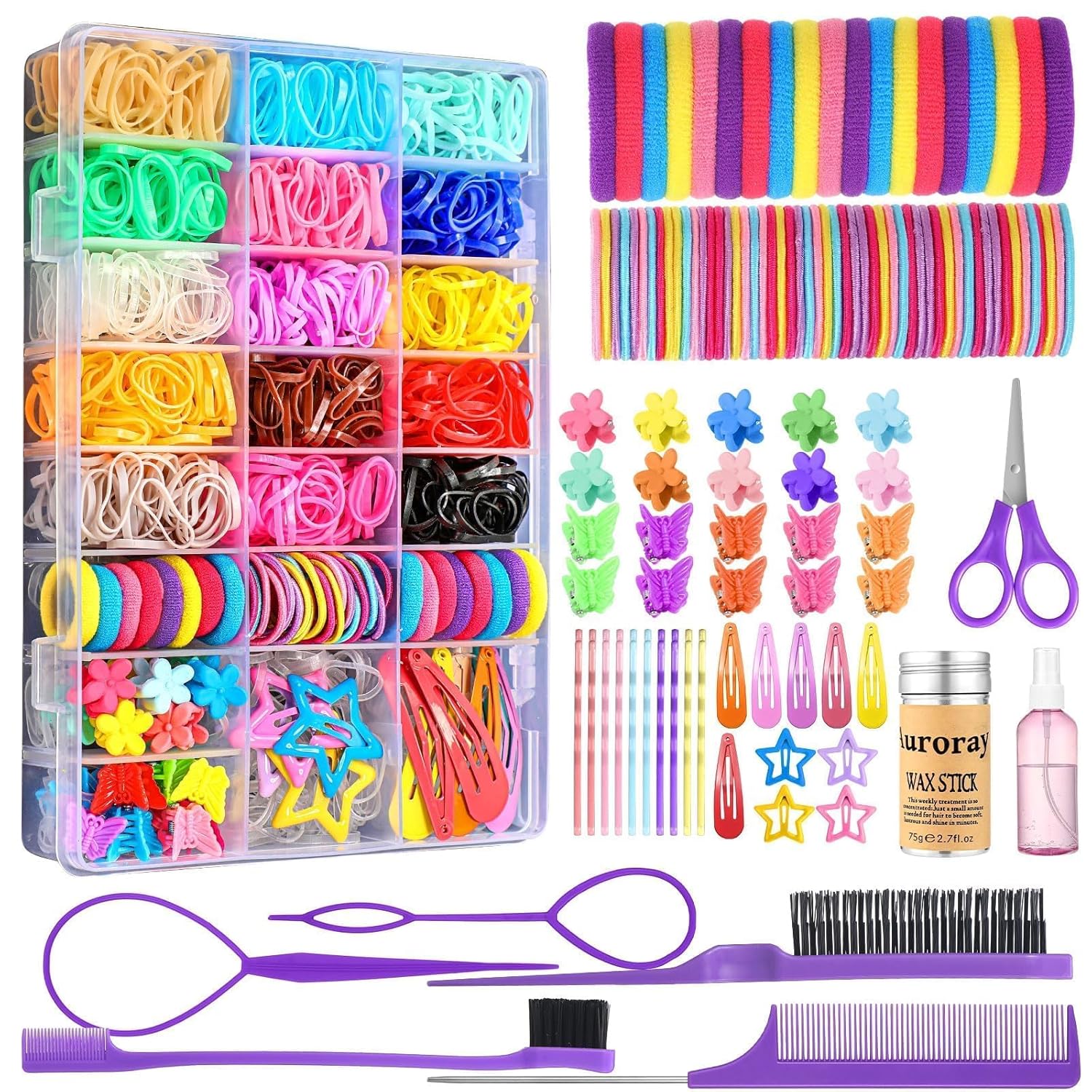 Hair Accessories for Girls, 1700 Pcs Colorful Hair Rubber Bands Elastic Hair Ties Hair Clips Hair Wax Stick Spray Bottle Hair Styling Tools with Organizer Box