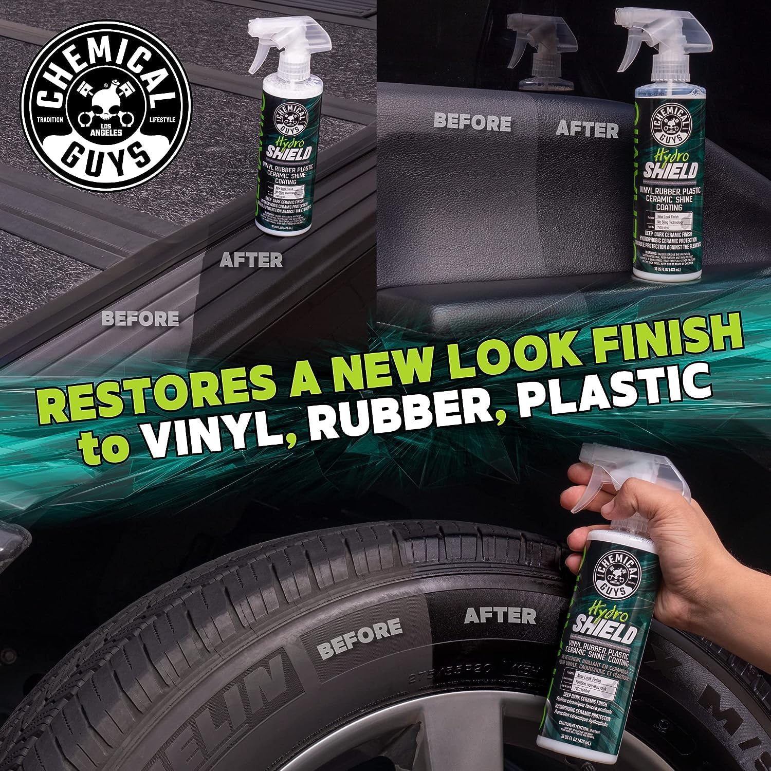 Chemical Guys HydroShield Vinyl, Rubber & Plastic Ceramic Shine Coating - Plastic Restorer for Interior & Exterior Trim, Tires & Trim - Restores Shine, Safe for Cars, Trucks & RVs, 16 fl oz