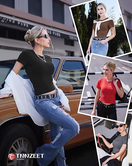 TNNZEET 6 Pack Womens Shirts - Short Sleeve Slim Fit Tight Crop Tops Spring Summer Clothes Basic Tees for Workout Gym Casual
