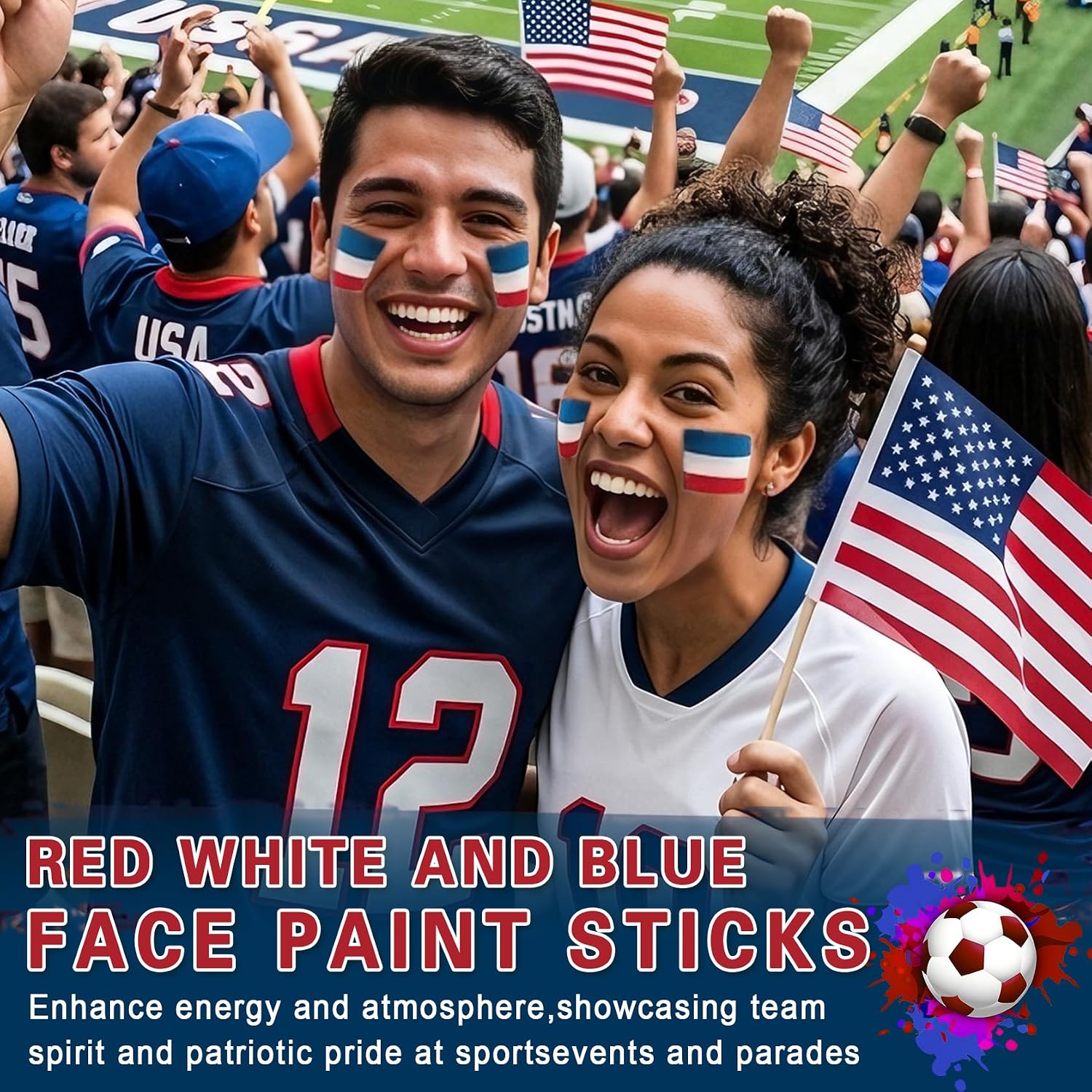 3 in 1 Colors Face Body Paint Sticks for Soccer,Football,Softball,Baseball,High Pigment & Waterproof Eye Black Stick Makeup