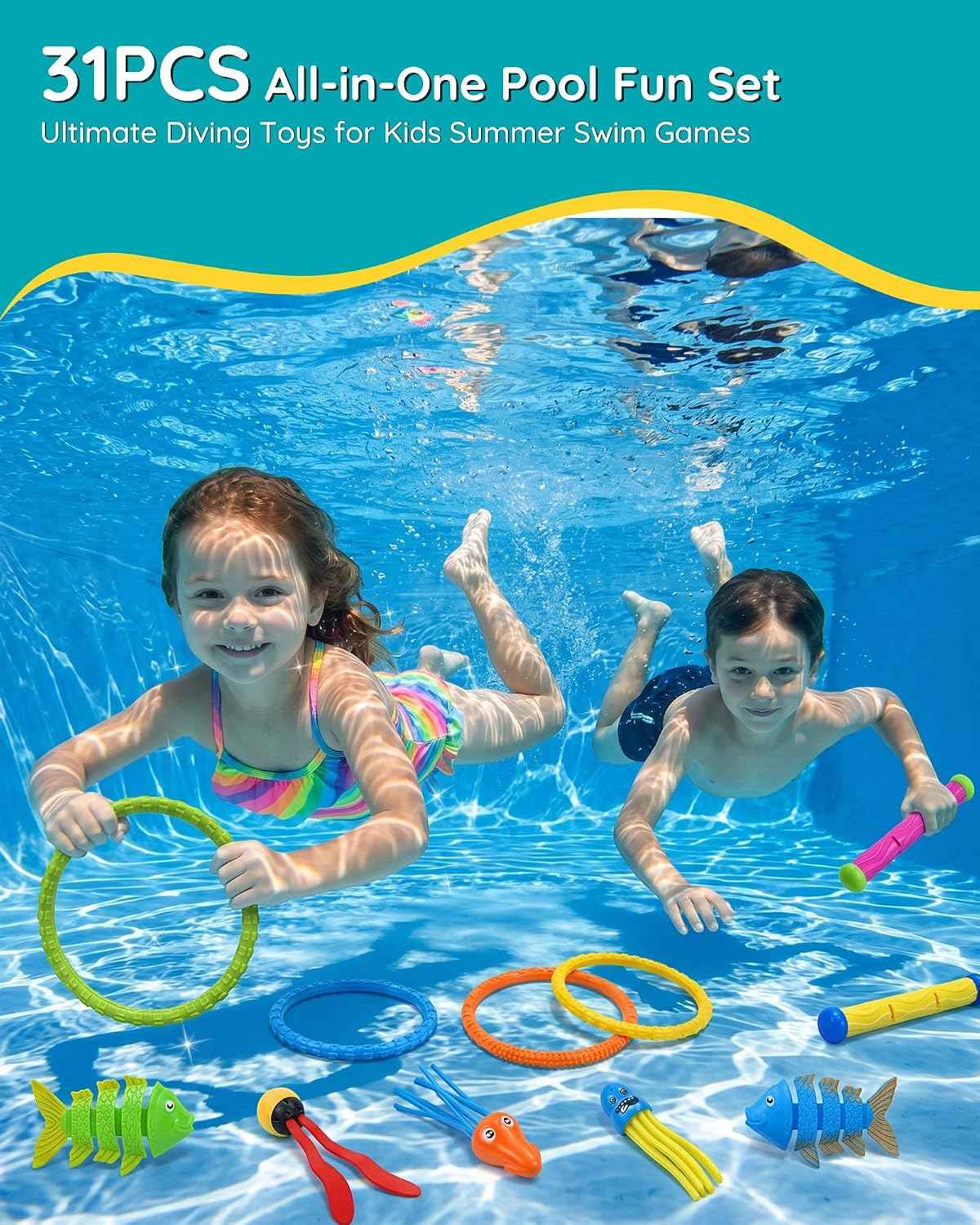 Click to see full view 31Pcs Swim Dive Toys Pool Games Outdoor Water Essential Bath Accessories for Kid Toddler Baby Toy Age 3 4 5 6 7 8 9 10 11 12 Year Old Cool Girl Boy Stuff Fun Summer Gift