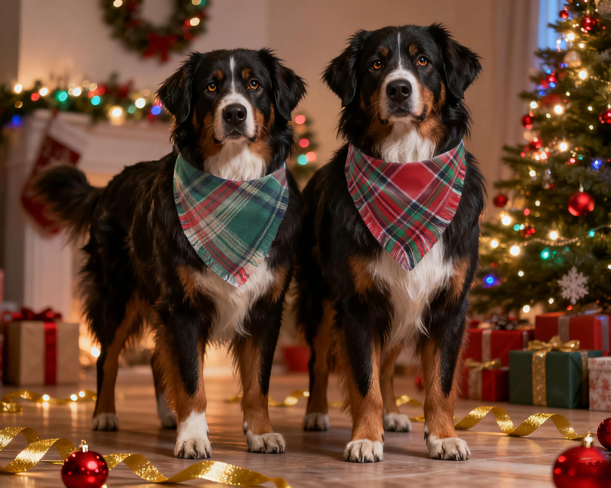 2PCS Christmas Dog Bandanas – Red and Green Plaid with Tassels