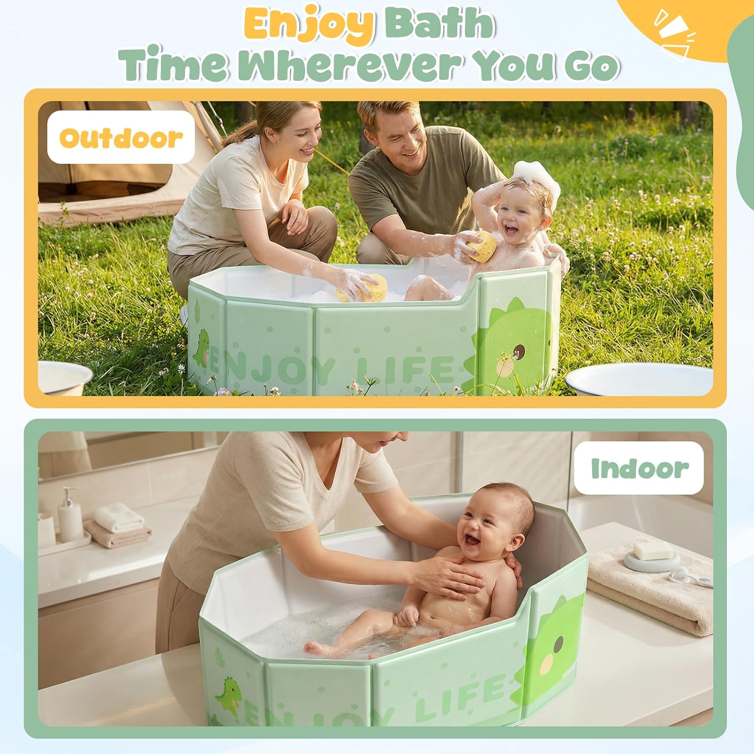 Orzbow Collapsible Baby Bathtub with Temperature Sticker, Portable Toddler Bathtub with Side Drain Plug, Travel Baby Bath Tub for 6 Months+, Easy to Clean, Stable & Durable, Folds to Store, Green