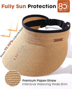 Womens Sun Visor Hat Straw Sun Visors for Women Summer Packable Ponytail Beach Hats for Women Travel UPF 80+