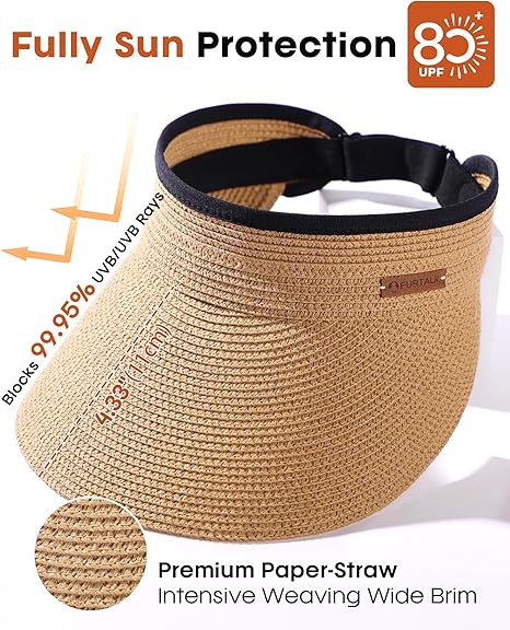 Womens Sun Visor Hat Straw Sun Visors for Women Summer Packable Ponytail Beach Hats for Women Travel UPF 80+
