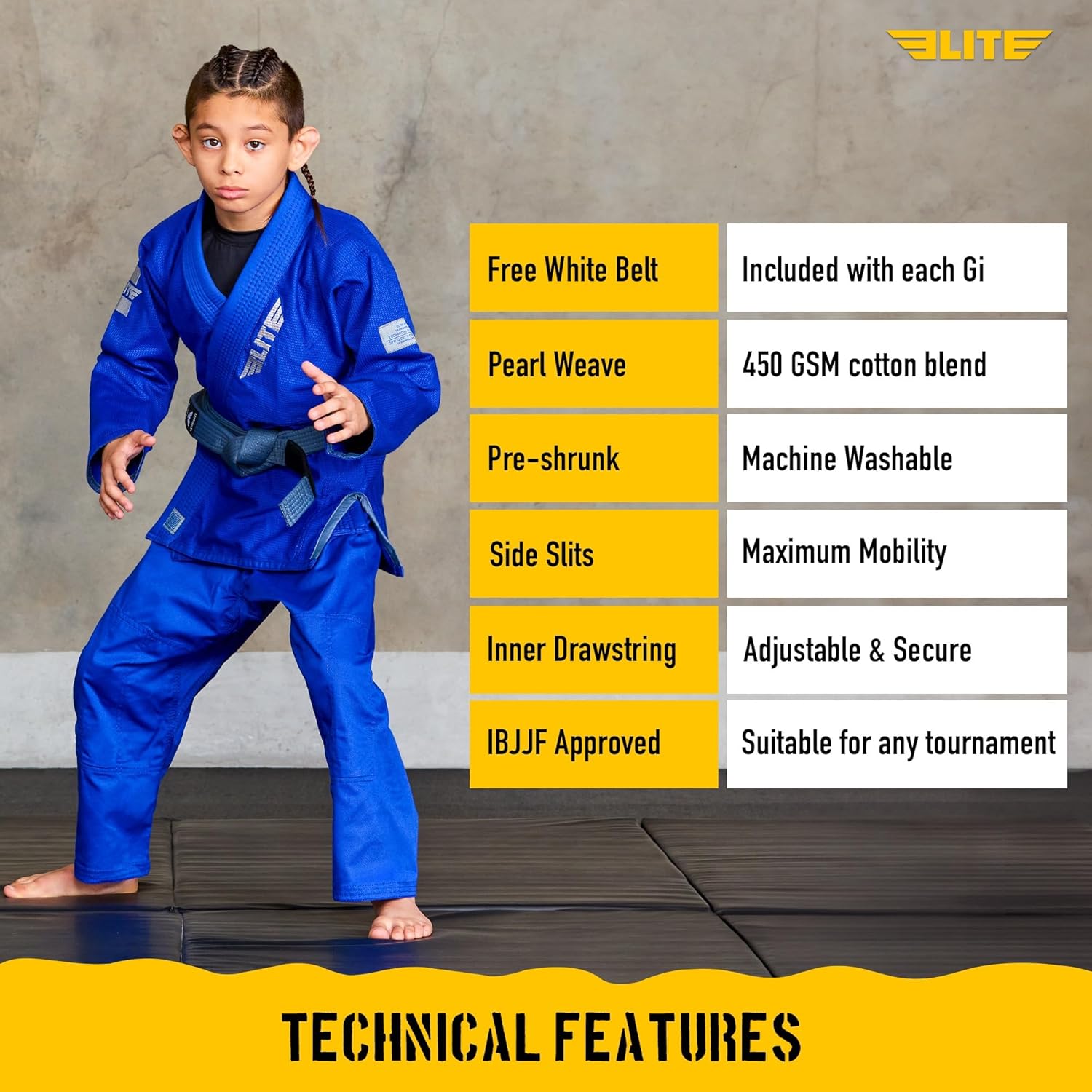 Elite Sports IBJJF Ultra Light BJJ Brazilian Jiu Jitsu Gi for Kids with Preshrunk Fabric and Free Belt