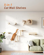 Cat Wall Shelves for Large Cats, 5-in-1 Cat Wall Furniture with Large Hammock and Wide Perch, Wooded Wall Climbing Furniture Set for Indoor Cats