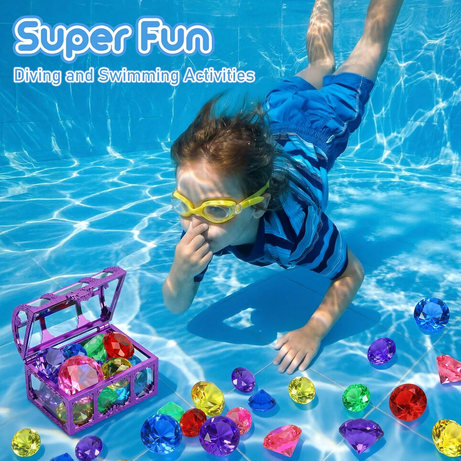 VGOFUN Diving Gems Pool Toys,10 Pcs Colorful Diamond with Treasure Chest Pirate Box Kids Swim Toys Acrylic Underwater Gemstone for Boys Girls Bath Toys Swimming Training Gift Water Pool Games
