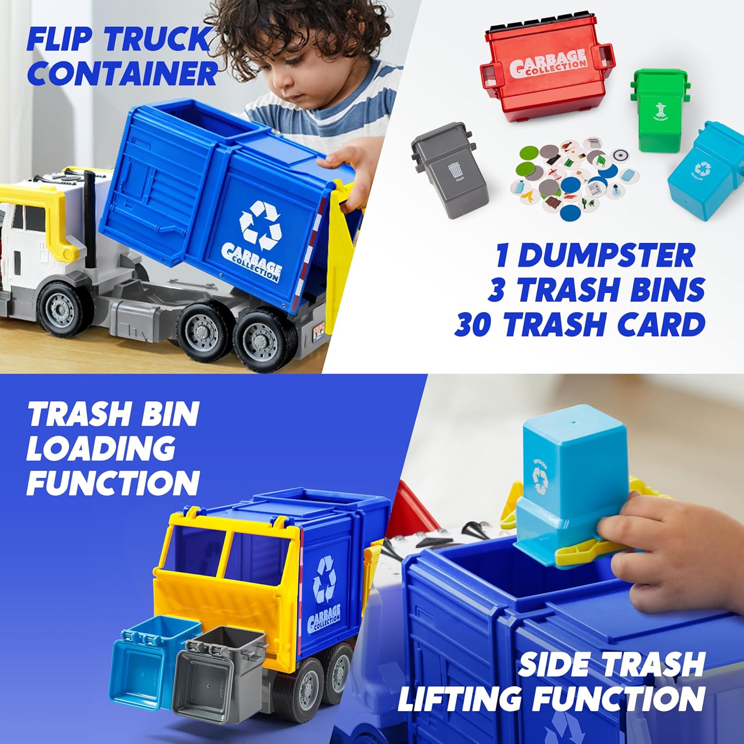 JOYIN Large Friction Powered Garbage Truck Toy Set, Includes Dumpster, Trash Bins, and Learning Cards for Kids
