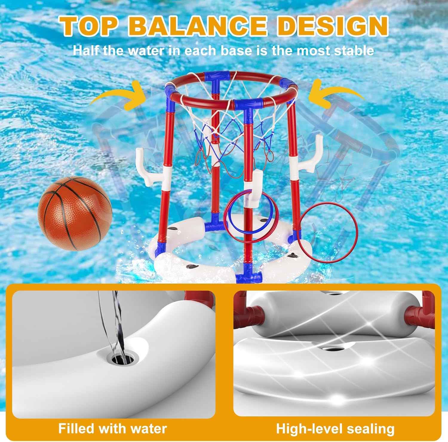 2-in-1 Poor Toy Basketball & Ring Toss Game with 4 Balls, 6 Rings&Pump, Summer Pool Toys Outdoor Water Fun Family Party for Age 3-12