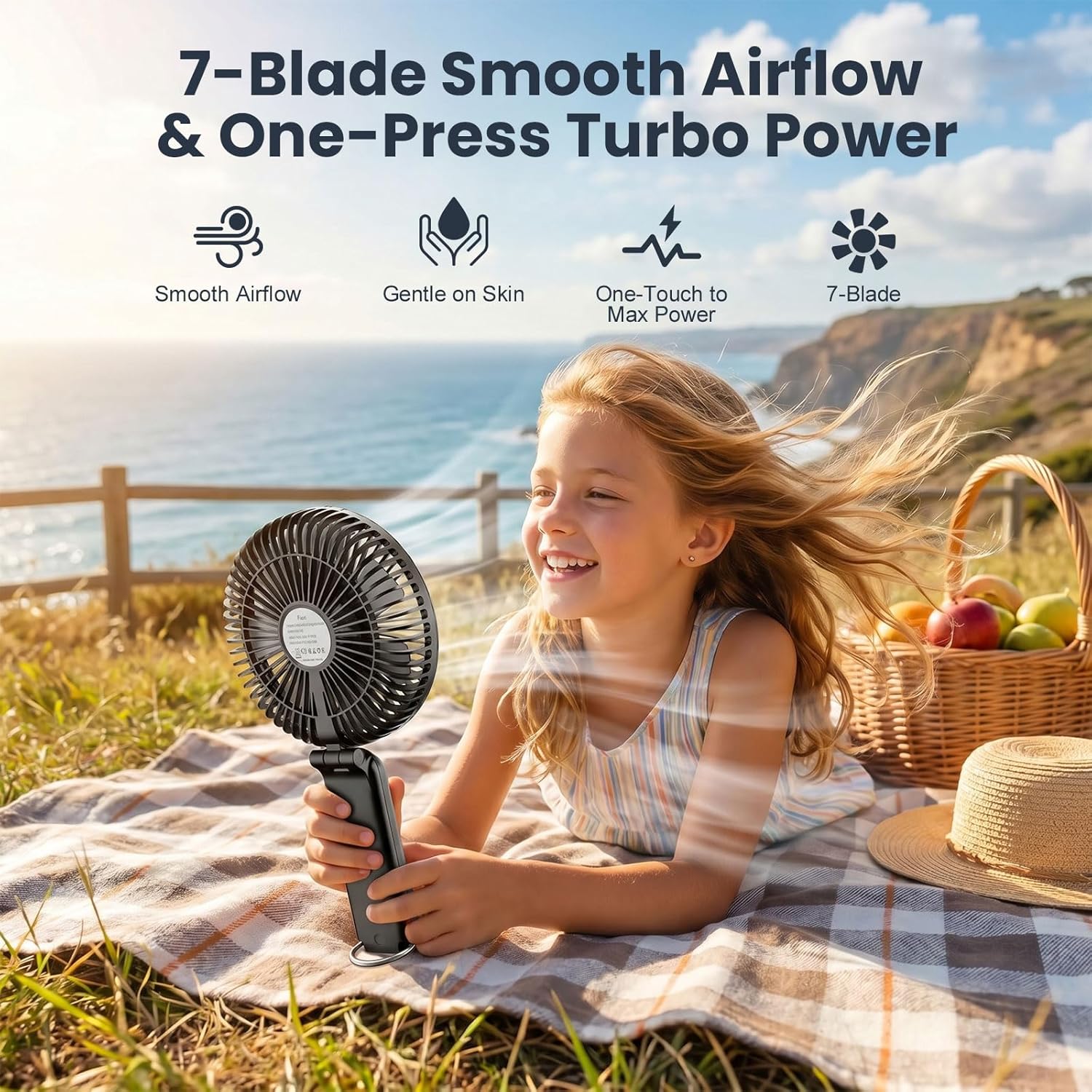 Portable Handheld Fan, 10000mAh Rechargeable Personal Fan for 40H, 6-Inch Ultra Quiet Foldable Hand Fan, 5-Speed Gentle Airflow Battery Operated Fans for Travel Outdoor Lash Makeup Gifts for Women