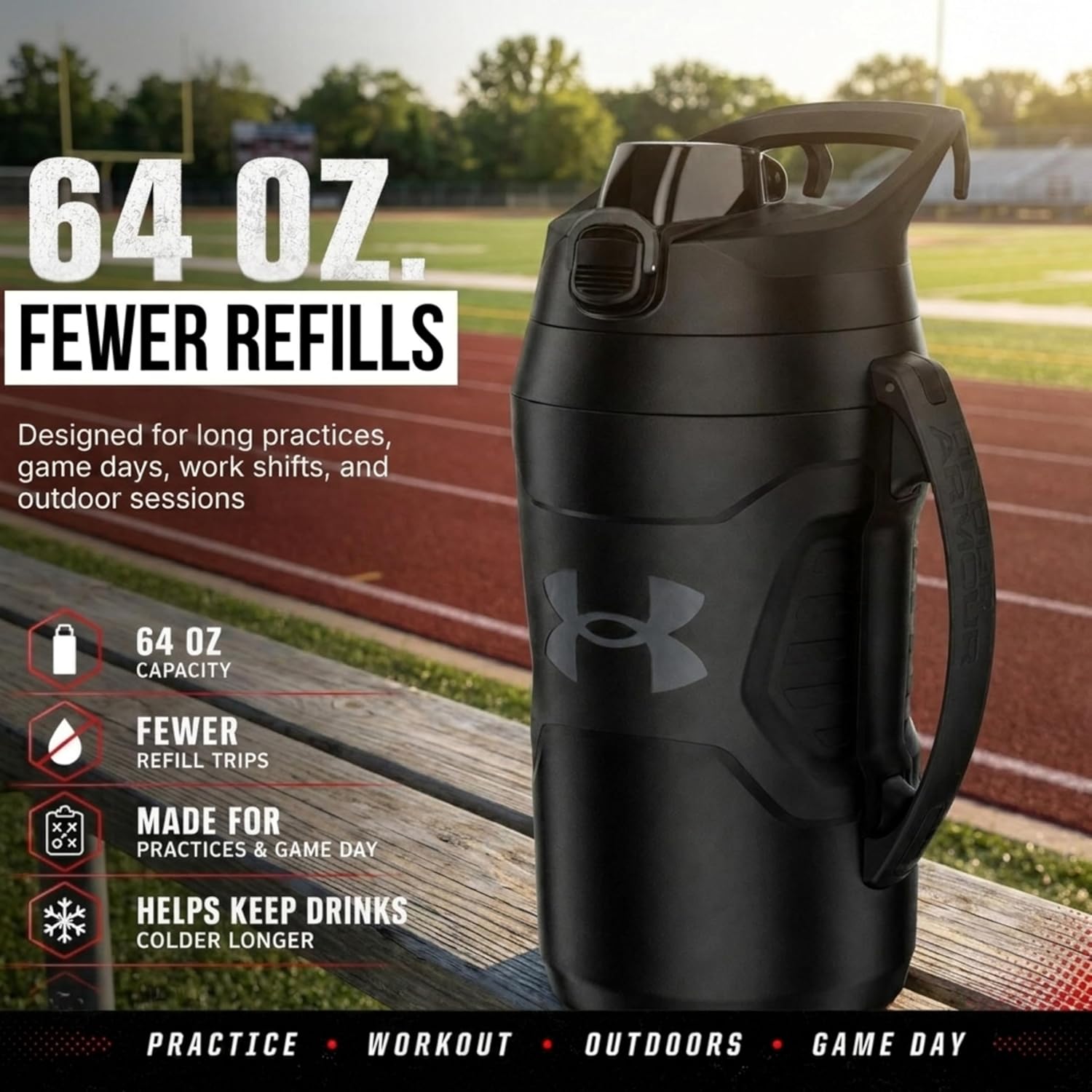 Insulated Water Bottle with Handle & Fence Hook, Half Gallon Sports Water Jug, Leak-Resistant & BPA-Free for Baseball, Football & Gym
