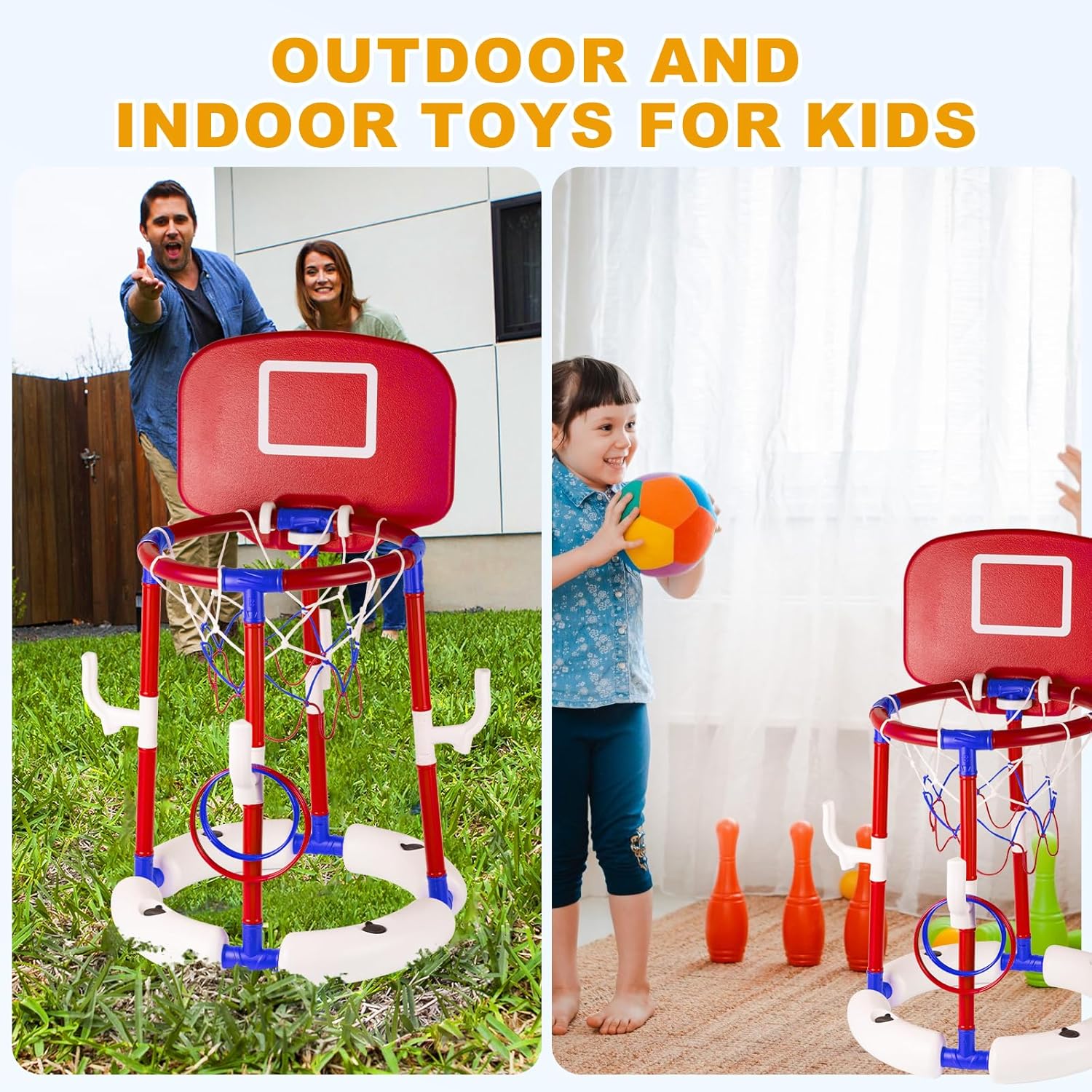 2-in-1 Poor Toy Basketball & Ring Toss Game with 4 Balls, 6 Rings&Pump, Summer Pool Toys Outdoor Water Fun Family Party for Age 3-12