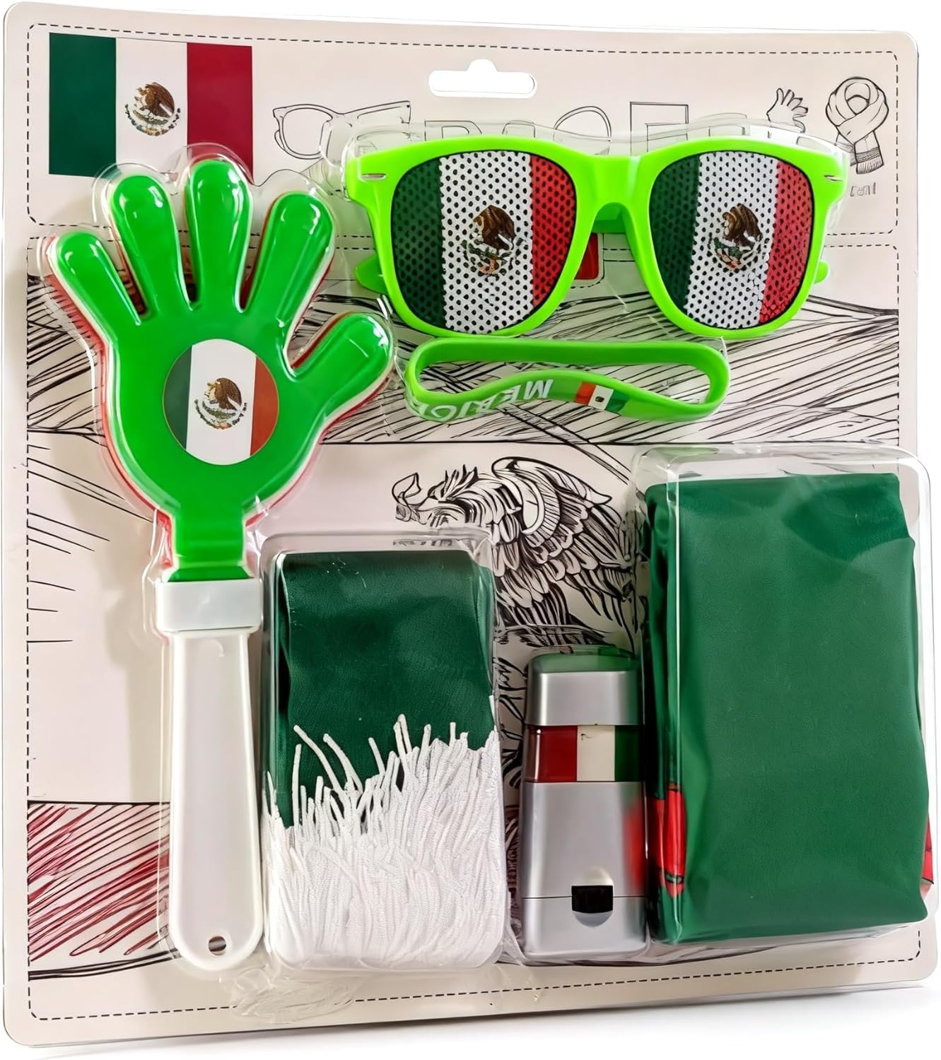 6 Pcs Cheering Set for Game Day Watch Party – Flag, Fan Scarf, Wristband, Flag Glasses, Hand Clapper, Blendable Face Paint Sticks
