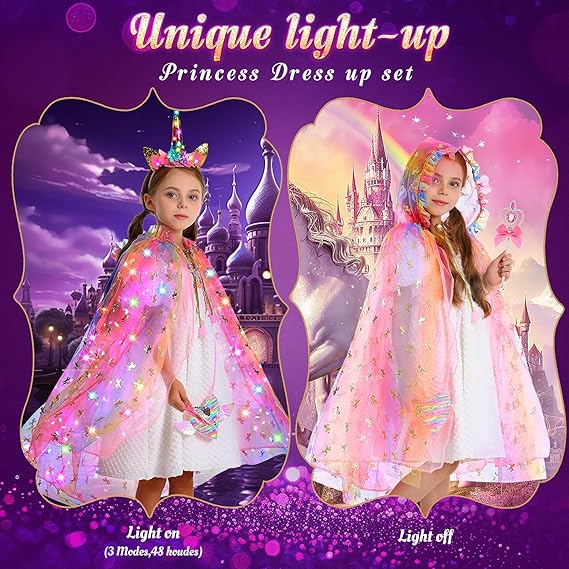 Fedio Princess Dress up for Girls,Unicorn Light up Princess Cape Set,Light up Princess Dress with Unicorn Toys for Girls 3-8