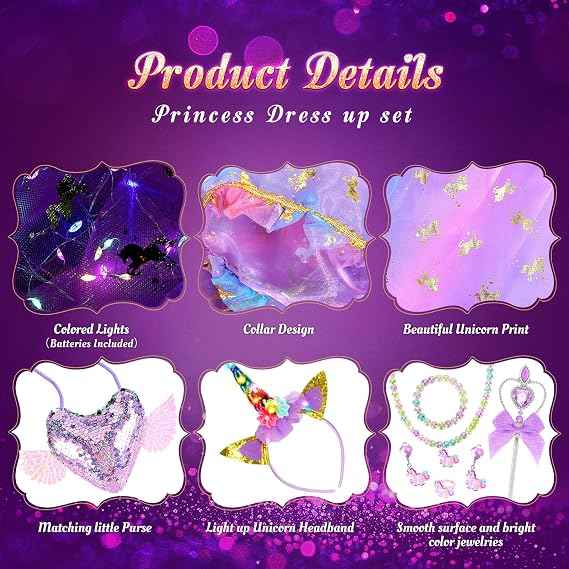Fedio Princess Dress up for Girls,Unicorn Light up Princess Cape Set,Light up Princess Dress with Unicorn Toys for Girls 3-8