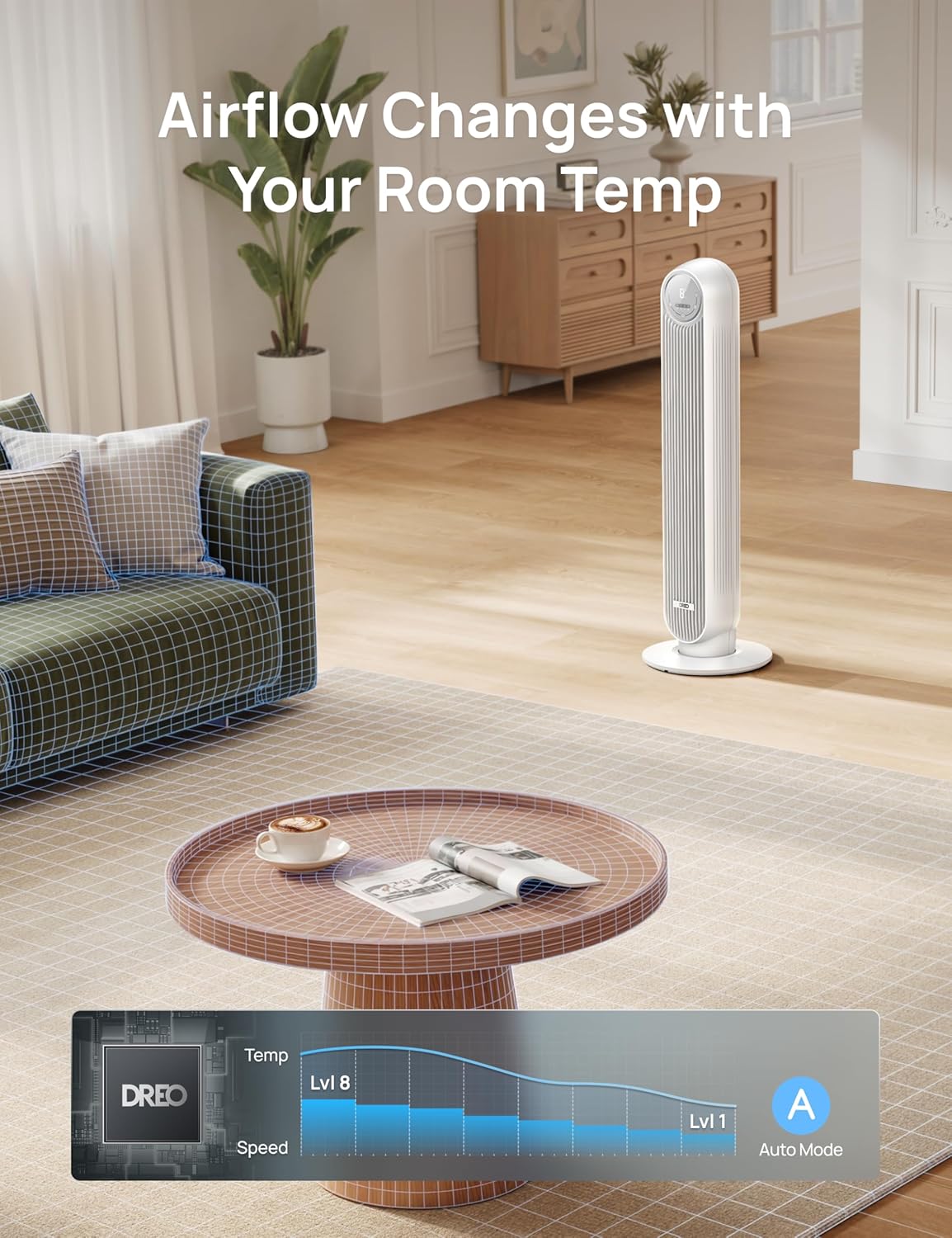 DREO Tower Fan for Bedroom, 2026 Upgraded DC Motor, 28ft/s High Velocity, 20dB Ultra Quiet Standing Fan, 8 Speeds 4 Modes, 90° Oscillating Bladeless Fan for Indoors, Floor Fans with Remote