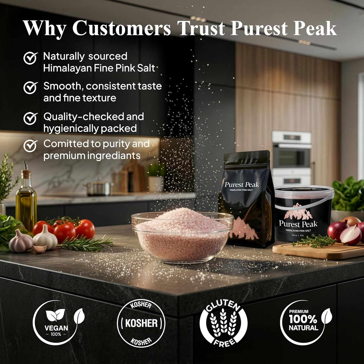 Purest Peak Fine Grain Himalayan Pink Salt – Pure Gourmet Food Grade Chef Salt, Fine Grain Sea Salt, Natural Rock Salt, Kosher, Vegan, and Gluten Free