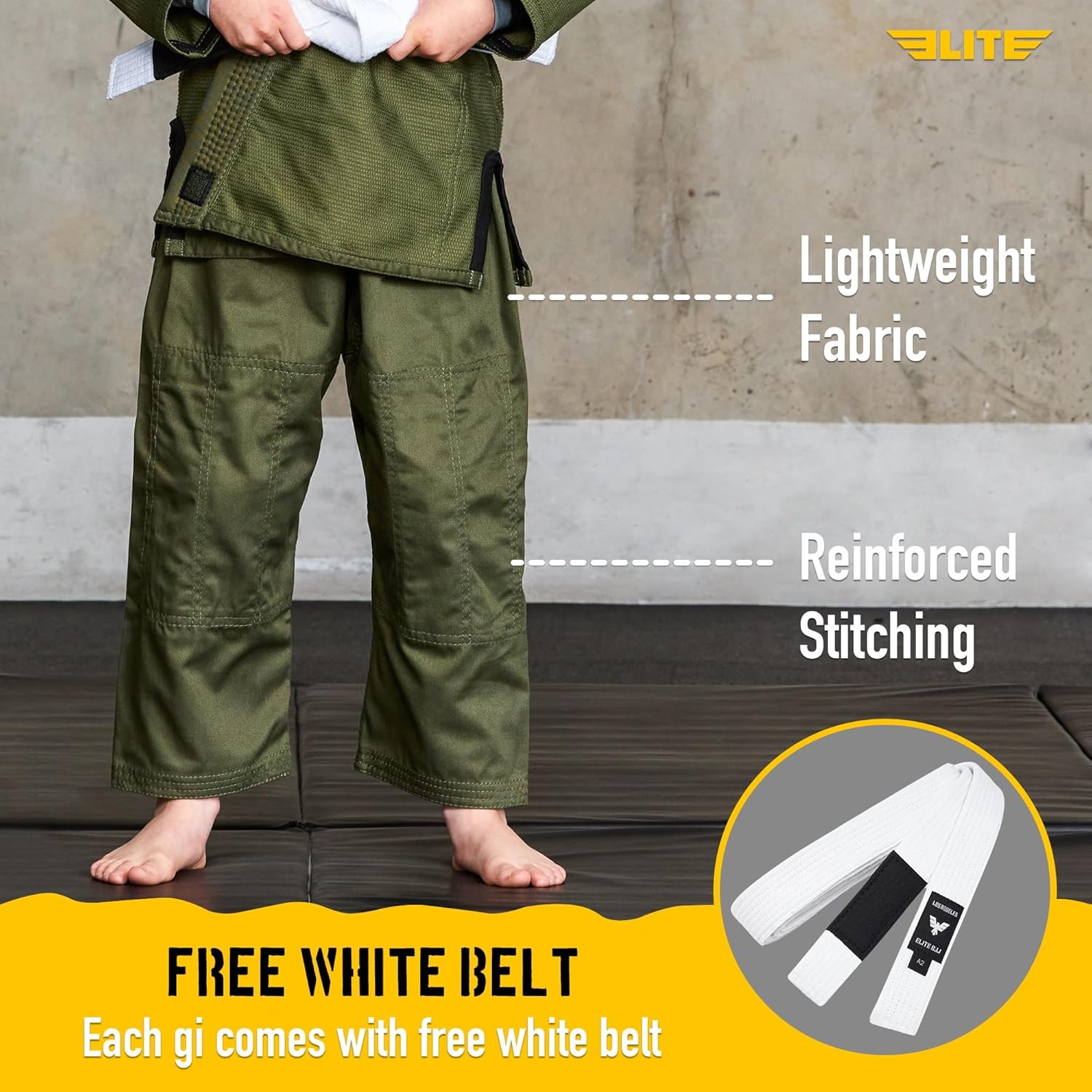 Elite Sports IBJJF Ultra Light BJJ Brazilian Jiu Jitsu Gi for Kids with Preshrunk Fabric and Free Belt