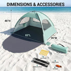 WhiteFang Beach Tent Anti-UV Portable Sun Shade Shelter for 3 Person, Extendable Floor with 3 Ventilating Mesh Windows Plus Carrying Bag, Stakes and Guy Lines