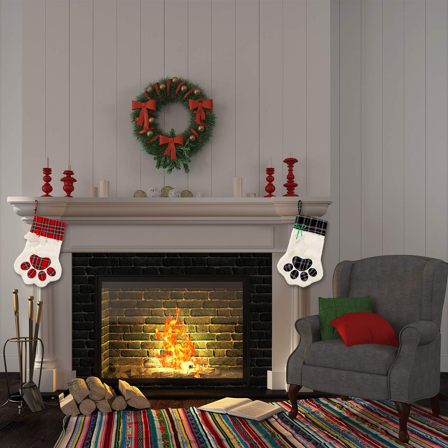 Christmas Pet Stockings – Cat Dog Paw Plaid Fireplace Hanging Decor